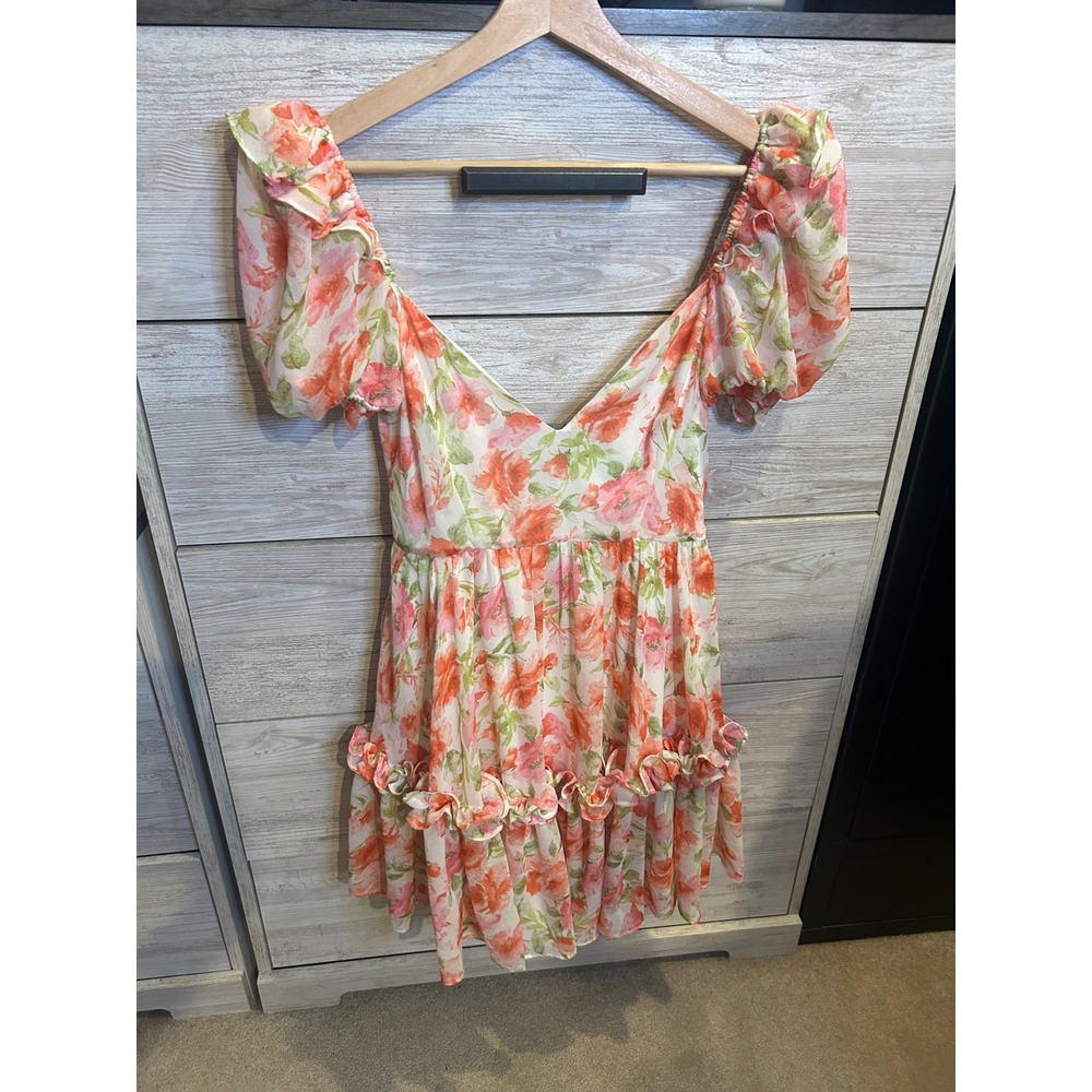 MOD On Trend Pure Elfin Rosie Puff Sleeve Floral Mini Dress Orange Pink Small
